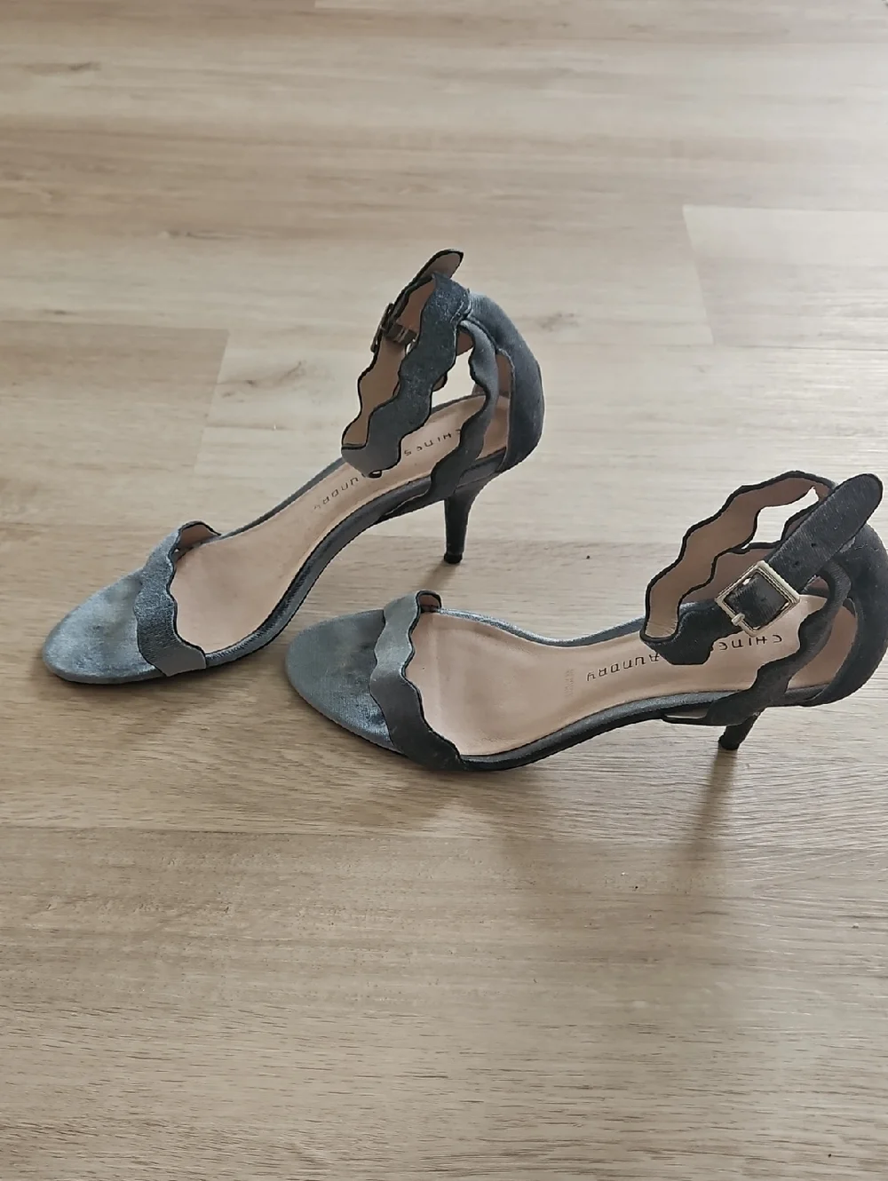 Silver Blue Velvet Scalloped Ankle-Strap Sandal